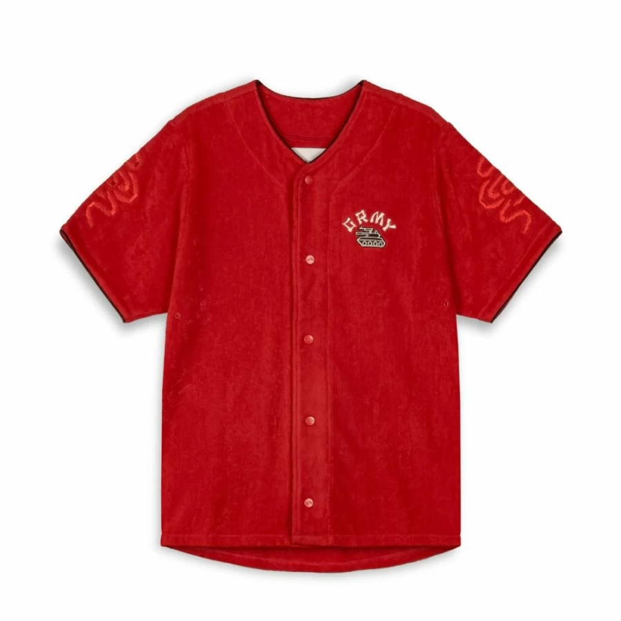 Grimey Lucky Dragon Baseball Shirt - Red Terry Towelling Top for Men & Women - SS24 Casual Wear