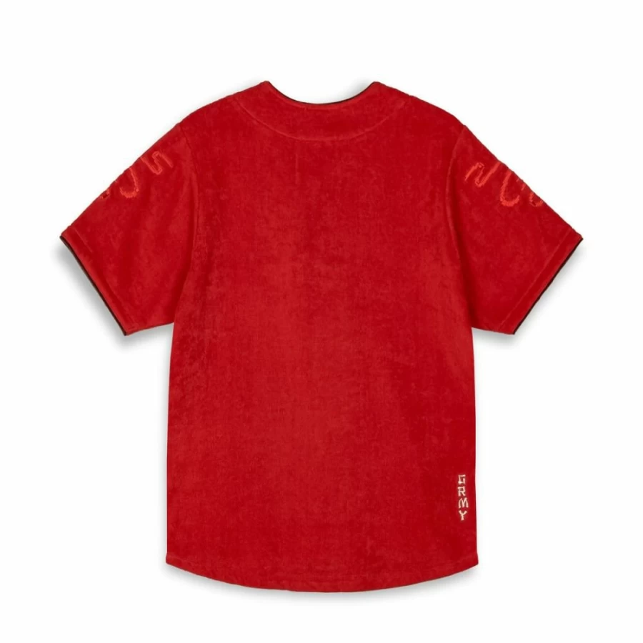 Grimey Lucky Dragon Baseball Shirt - Red Terry Towelling Top for Men & Women - SS24 Casual Wear