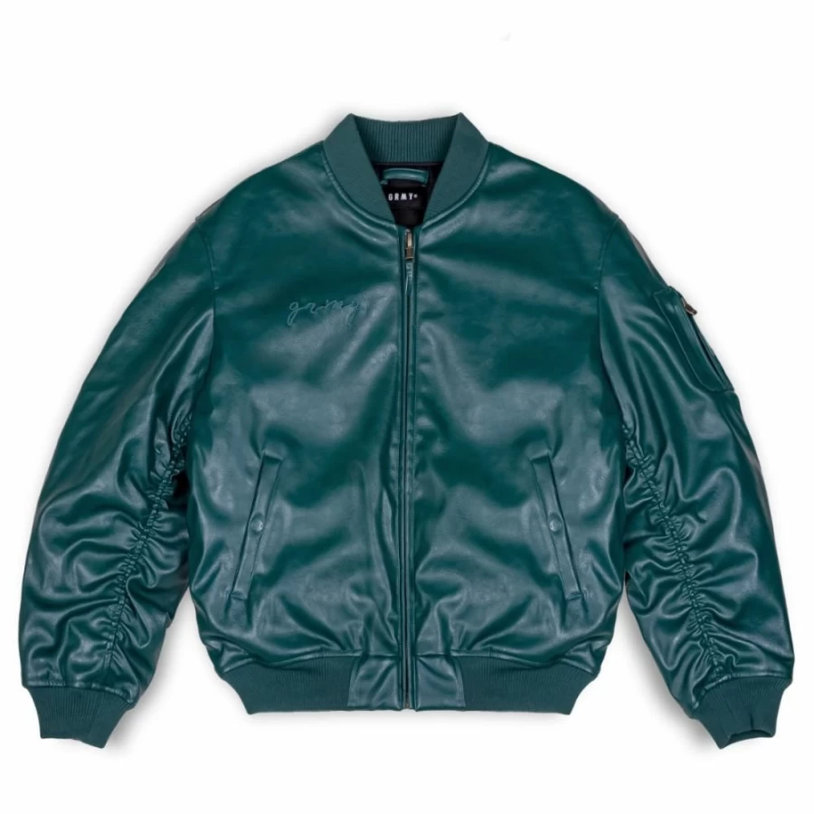 Grimey "Iam" Green Pu Leather Bomber Jacket for Men - Fall 2022 Fashion Outerwear