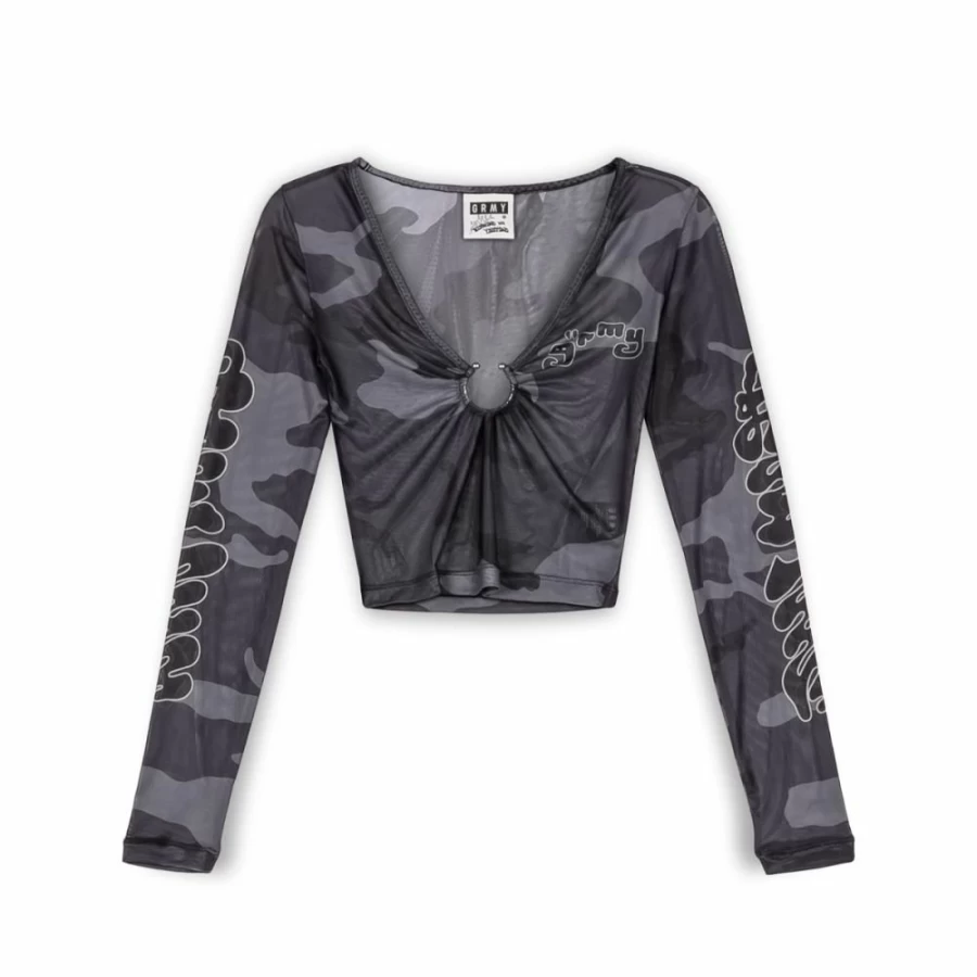 Grimey Black Long Sleeve Crop Top - Women's Micro Mesh Temple Tusker Design - FW23 Fashion