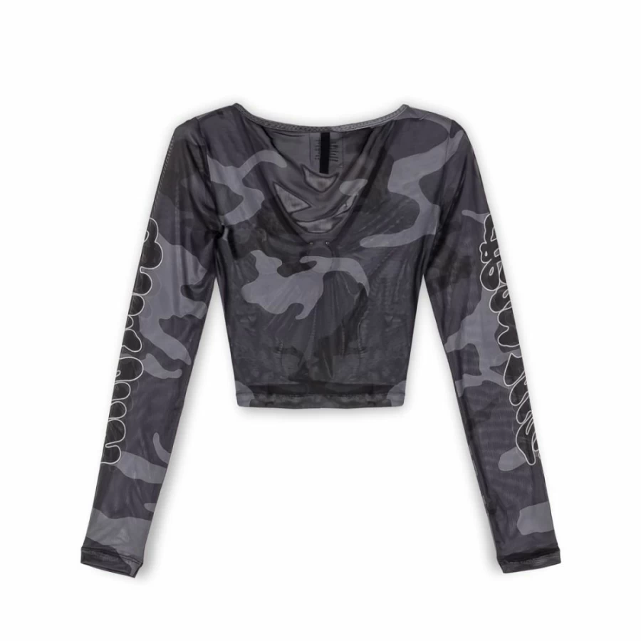 Grimey Black Long Sleeve Crop Top - Women's Micro Mesh Temple Tusker Design - FW23 Fashion