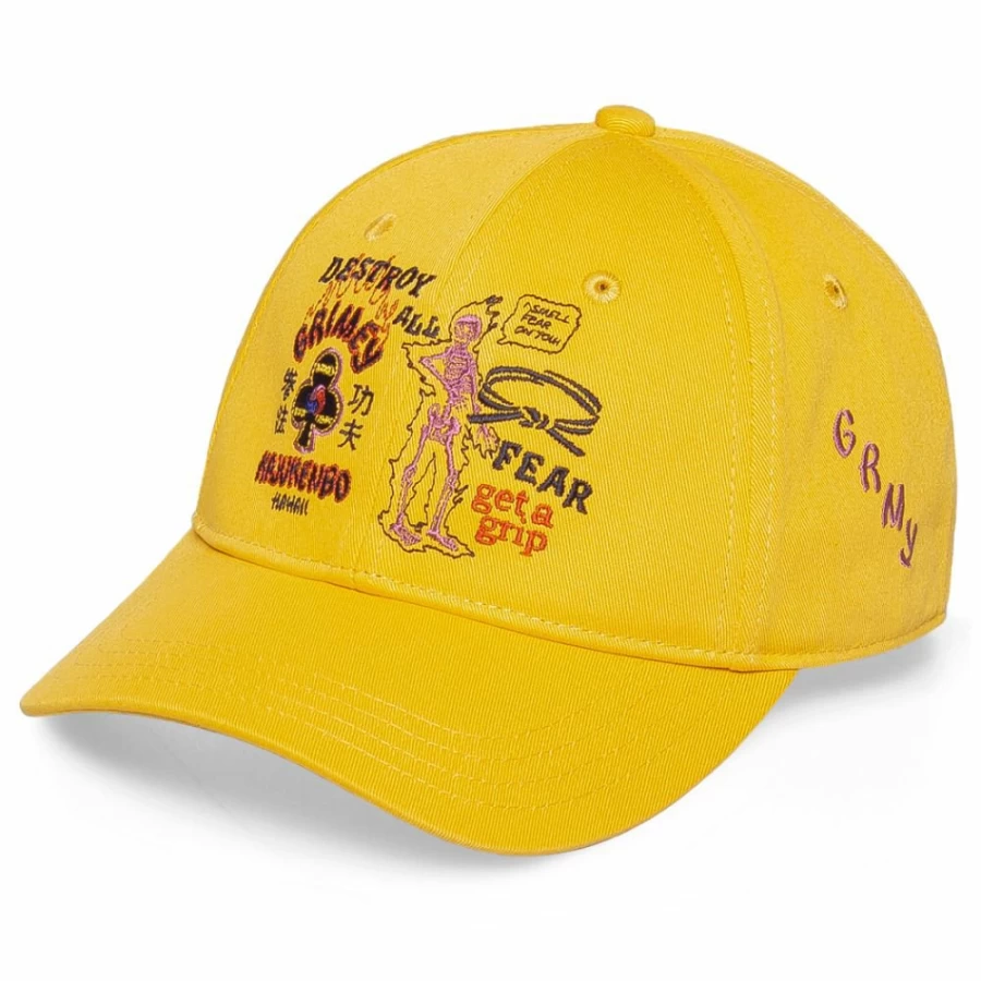 Grimey "Destroy All Fear" Yellow Curved Visor Baseball Cap - Streetwear Fashion Fall 2021
