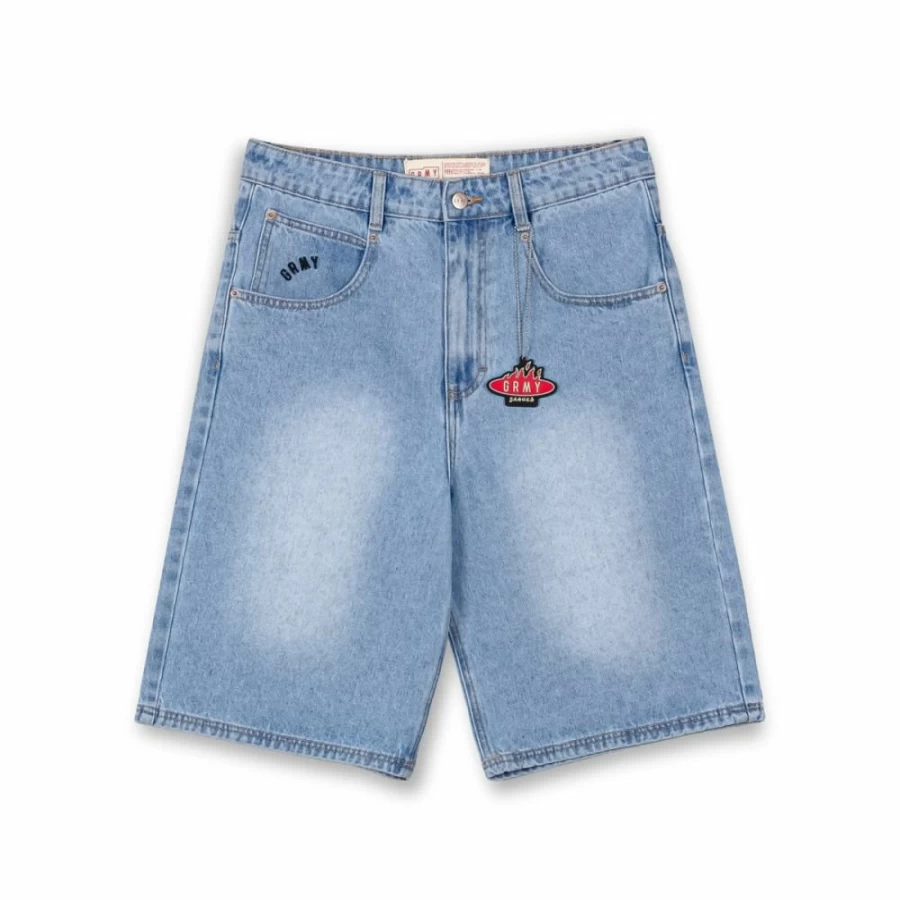 Grimey Burn In Flames Washed Light Blue Denim Shorts - SS24 Casual Streetwear