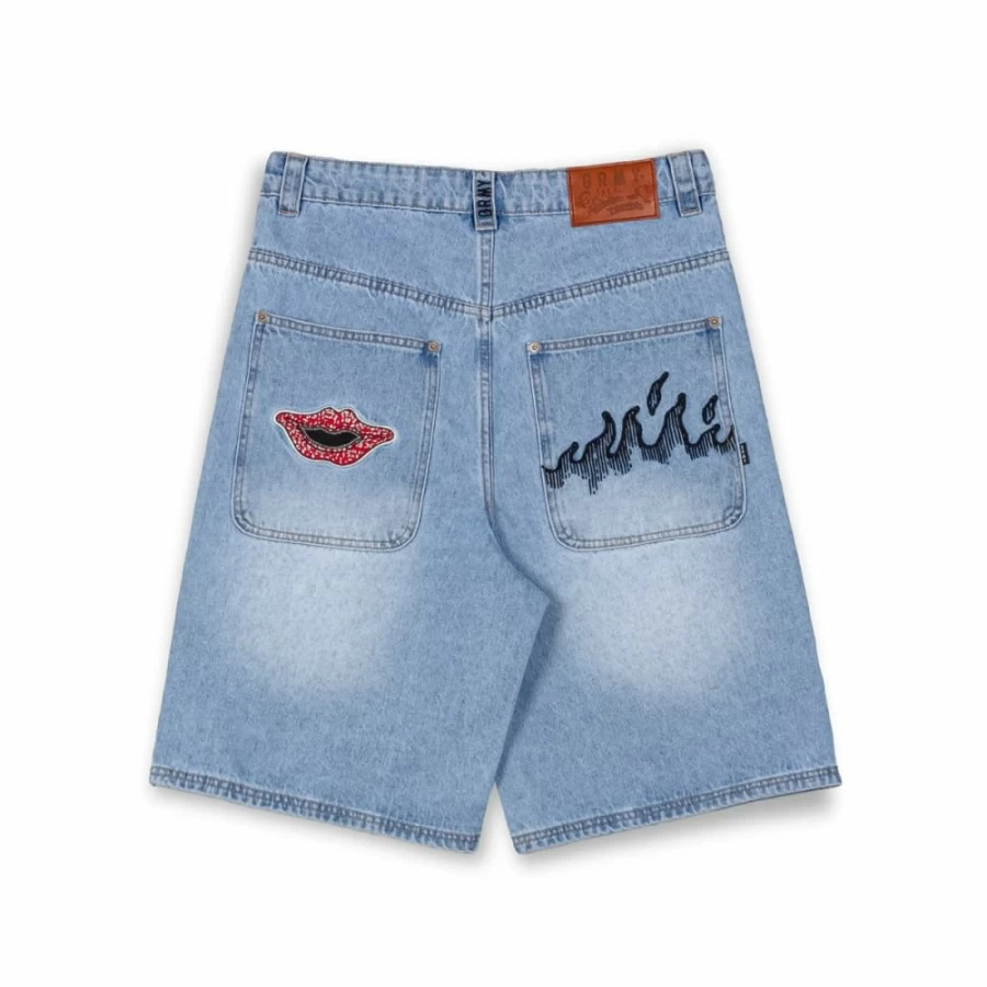 Grimey Burn In Flames Washed Light Blue Denim Shorts - SS24 Casual Streetwear