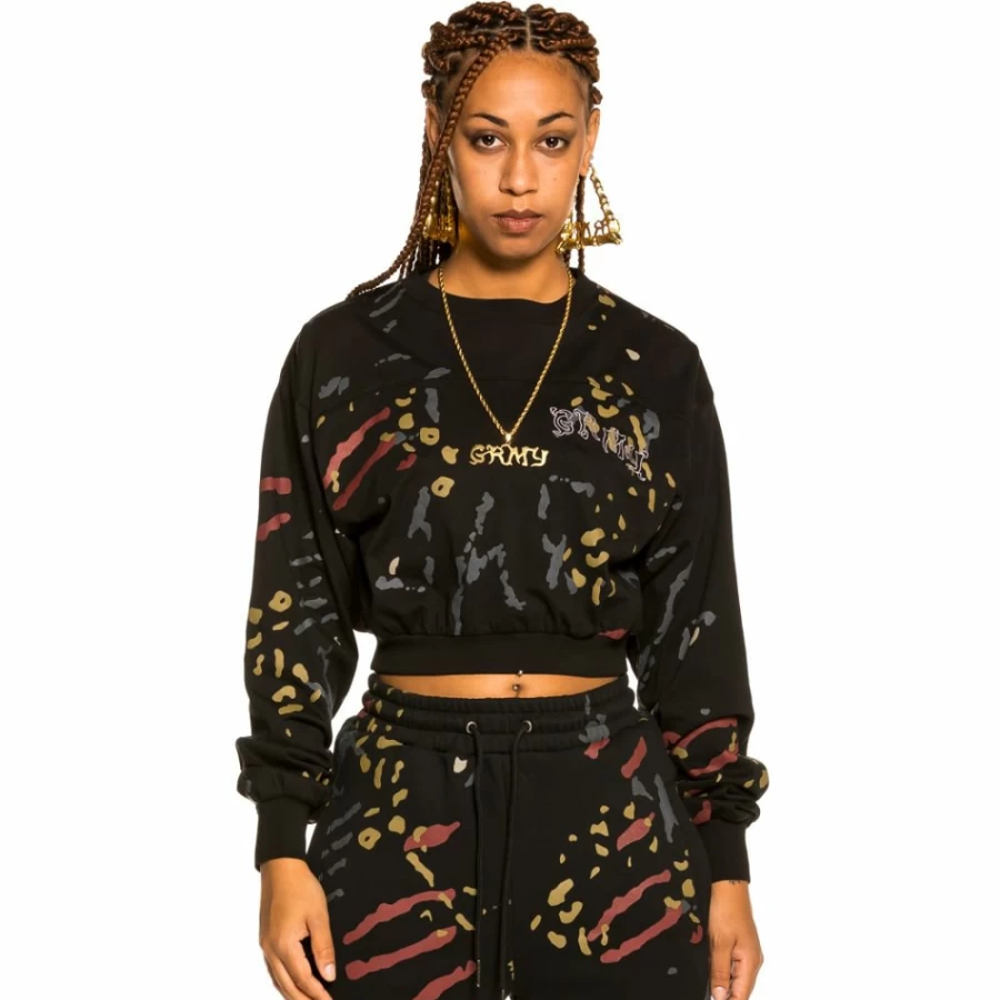 Grimey Black Jazz-Inspired Long Sleeve Crop Top - Fall 2021 All Over Print