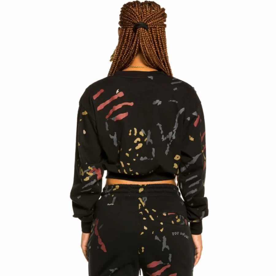 Grimey Black Jazz-Inspired Long Sleeve Crop Top - Fall 2021 All Over Print