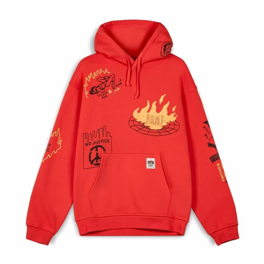 Grimey Vintage Hoodie with Wide Hole Design - Red Pullover Sweatshirt for Men & Women FW23 Collection