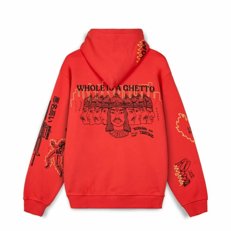 Grimey Vintage Hoodie with Wide Hole Design - Red Pullover Sweatshirt for Men & Women FW23 Collection