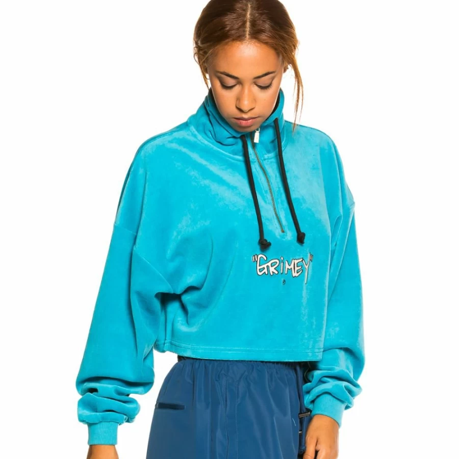 Grimey Blue Velvet Crop Top - High Neck Gem Cutting Design - Fall 2021 Fashion