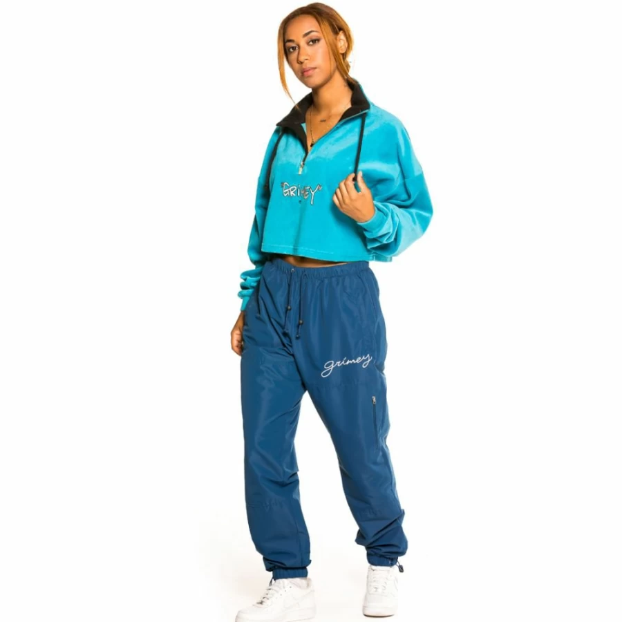 Grimey Blue Velvet Crop Top - High Neck Gem Cutting Design - Fall 2021 Fashion