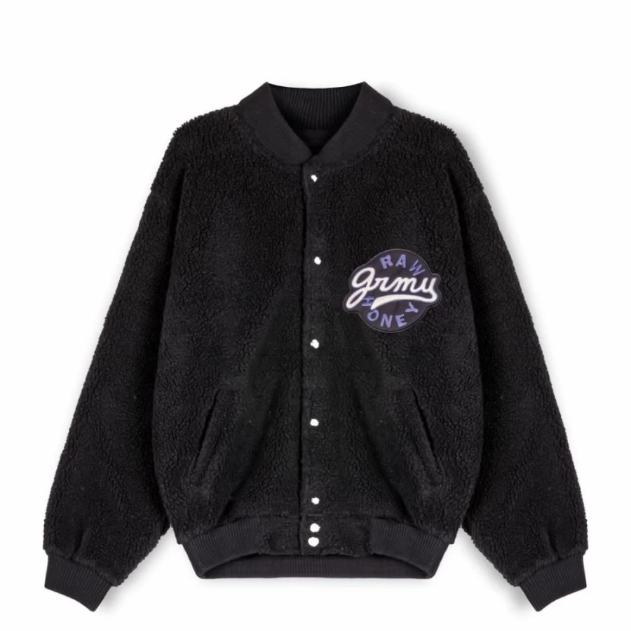 Grimey Hive Black Sherpa Button-Up Sweatshirt | Cozy Fall Winter Pullover