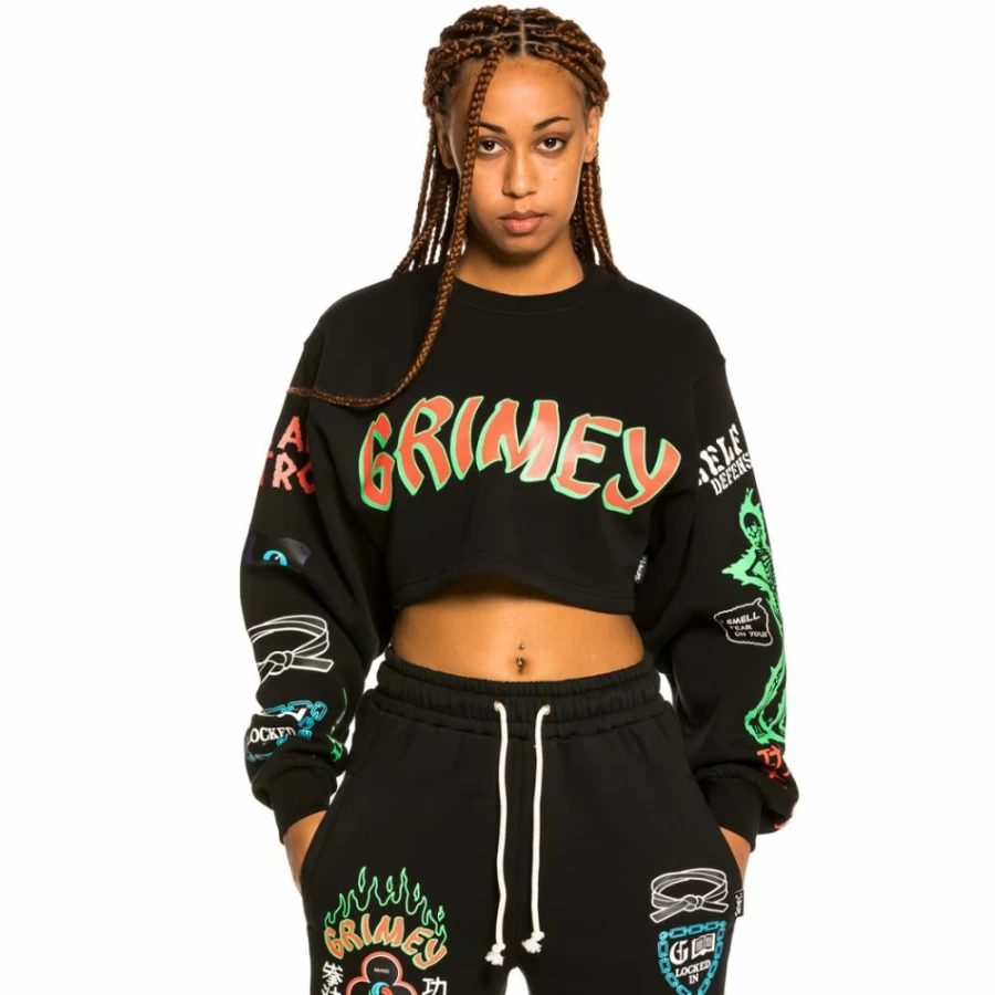 Grimey Destroy All Fear Girl Crop Crewneck Sweatshirt - Black - Fall 2021 Streetwear