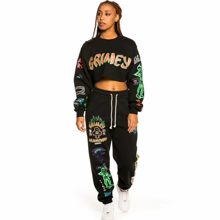 Grimey Destroy All Fear Girl Crop Crewneck Sweatshirt - Black - Fall 2021 Streetwear