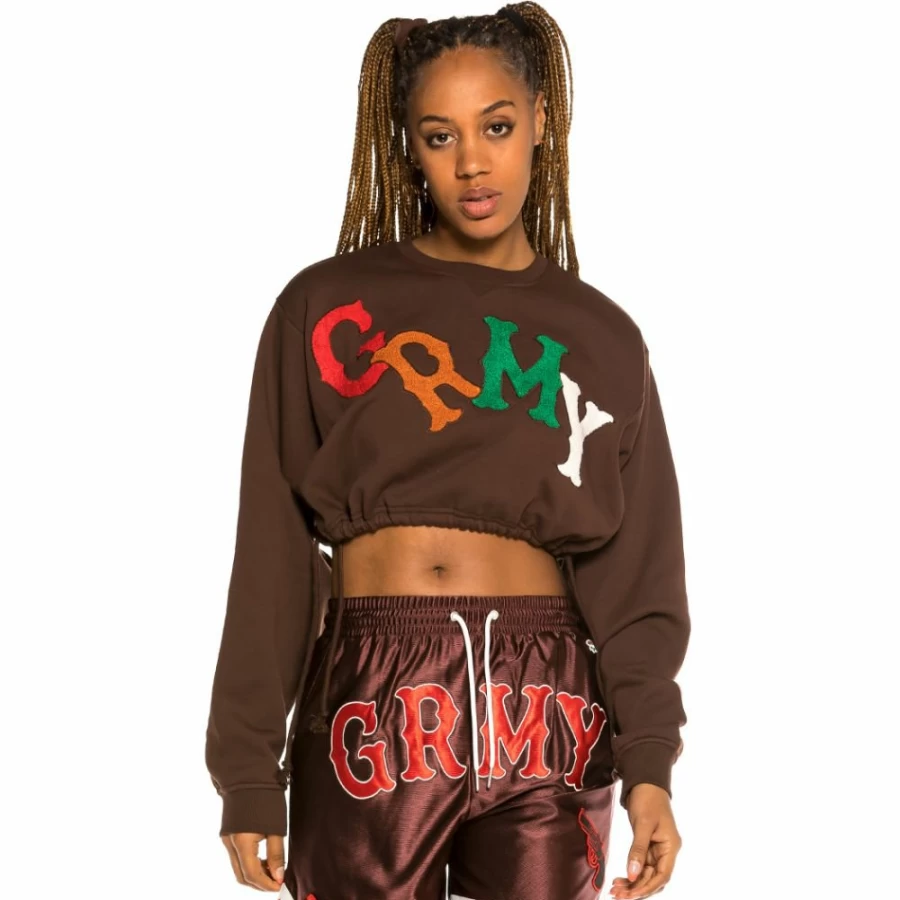 Grimey "The Loot" Brown Crop Crewneck Sweatshirt - Women's Streetwear Fashion