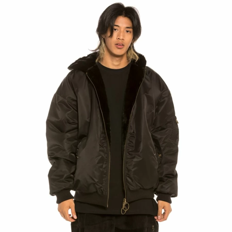 Grimey Black Aged Rum Fur Bomber Jacket - Vintage Fall 2021 Outerwear