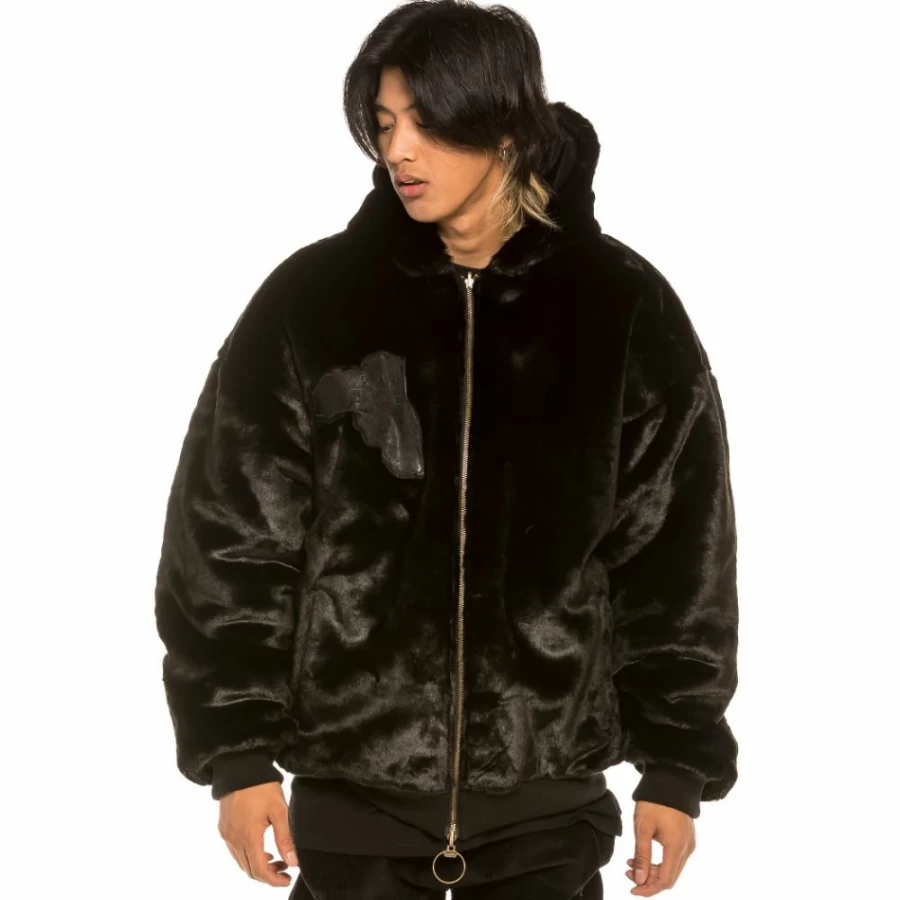 Grimey Black Aged Rum Fur Bomber Jacket - Vintage Fall 2021 Outerwear