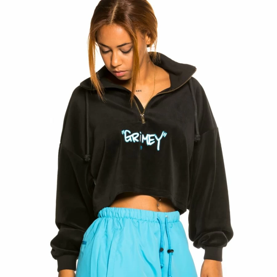 Grimey Black Velvet Crop Top High Neck Gem Cutting Design Fall 2021 Collection