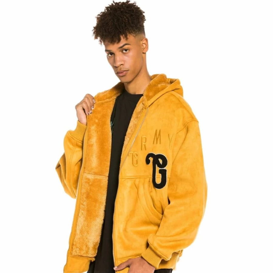 Grimey Suede Bomber Jacket with Hood - Brown Leather Coat for Men - Spring 2022 Jungle Punch Collection