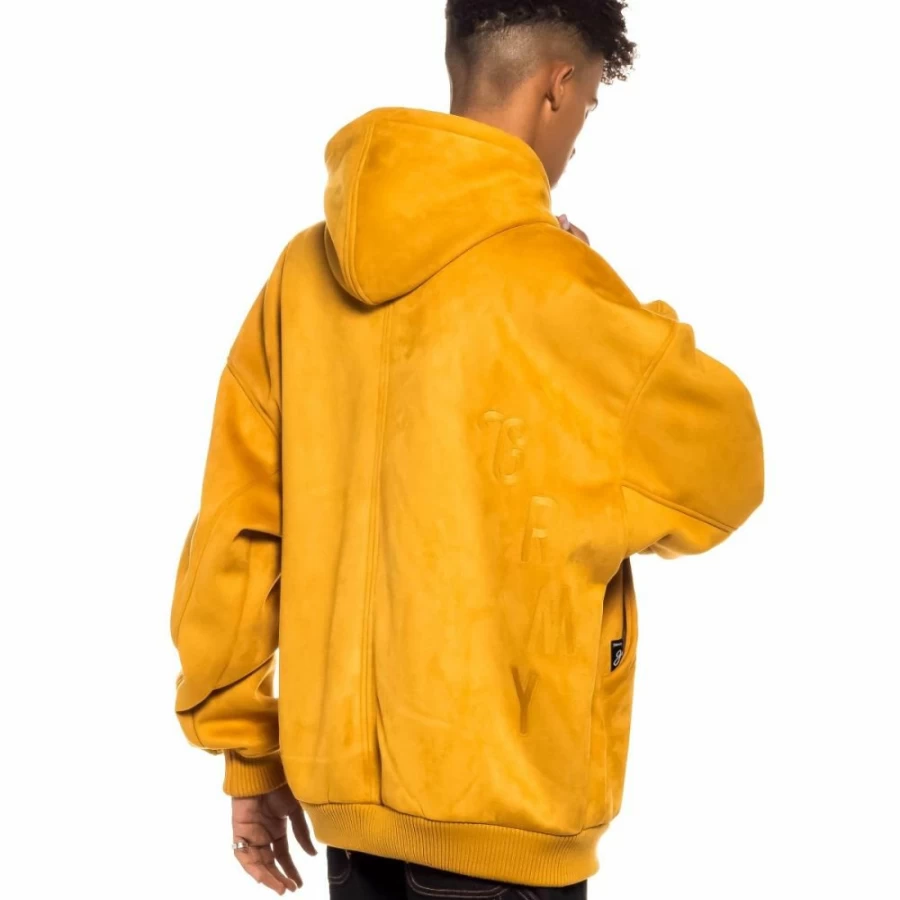 Grimey Suede Bomber Jacket with Hood - Brown Leather Coat for Men - Spring 2022 Jungle Punch Collection
