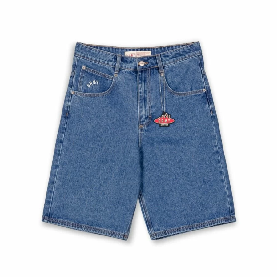 Grimey Burn In Flames Washed Blue Denim Shorts - Distressed Casual Streetwear Pantalon Corto for Men SS24