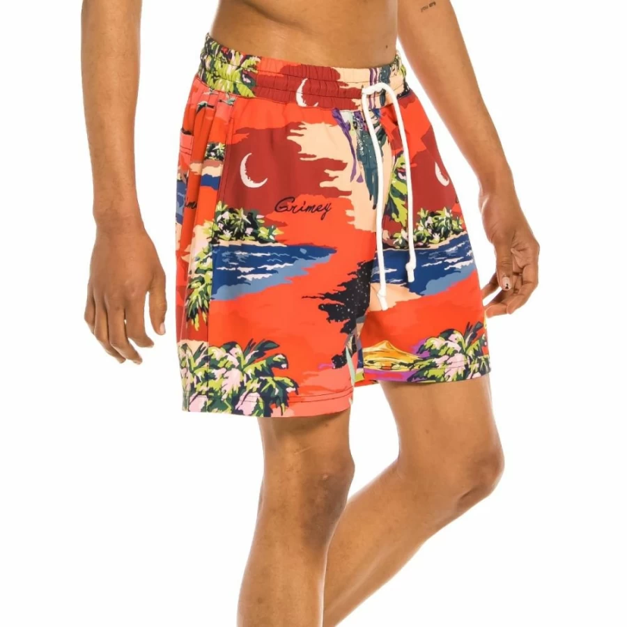 Grimey Men's Swimming Shorts - Red "Ocean Gateways" Design - Summer 2022 Collection - Quick Dry Beach Shorts