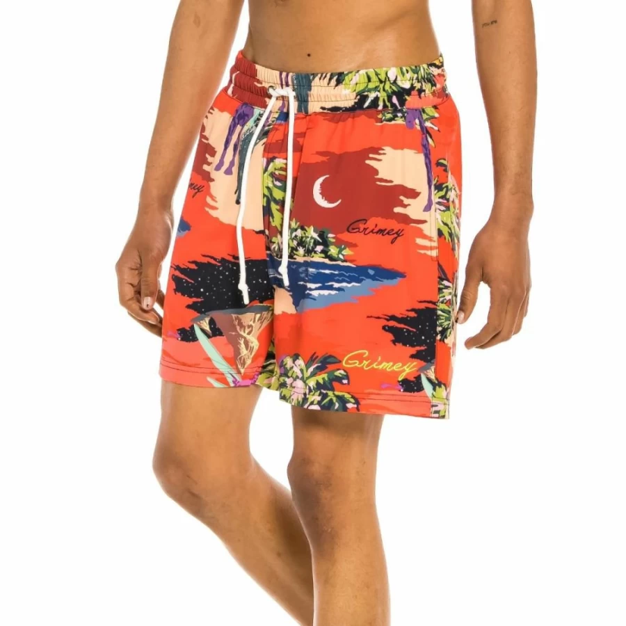 Grimey Men's Swimming Shorts - Red "Ocean Gateways" Design - Summer 2022 Collection - Quick Dry Beach Shorts