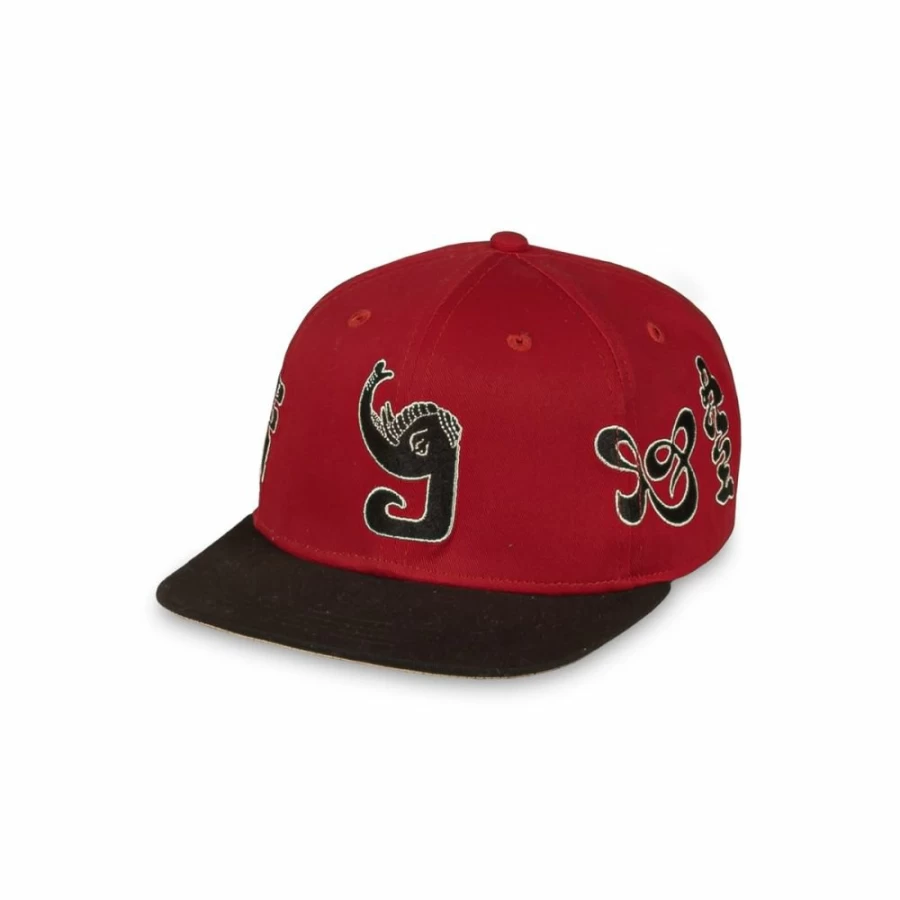 Grimey Tusker Temple Bicolor Snapback Hat - Red Adjustable Baseball Cap for Men & Women - FW23 Streetwear Fashion