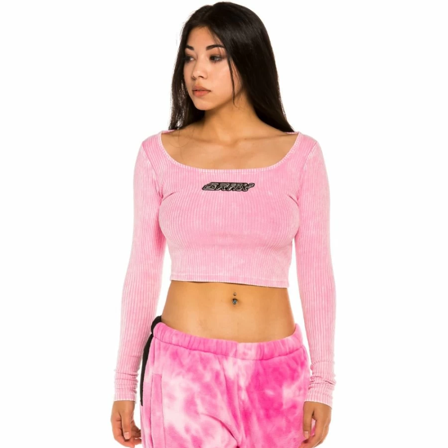 Grimey Space Lady Bleached Pink Long Sleeve Crop Top - Winter 2021 Fashion Trendy Women's T-Shirt