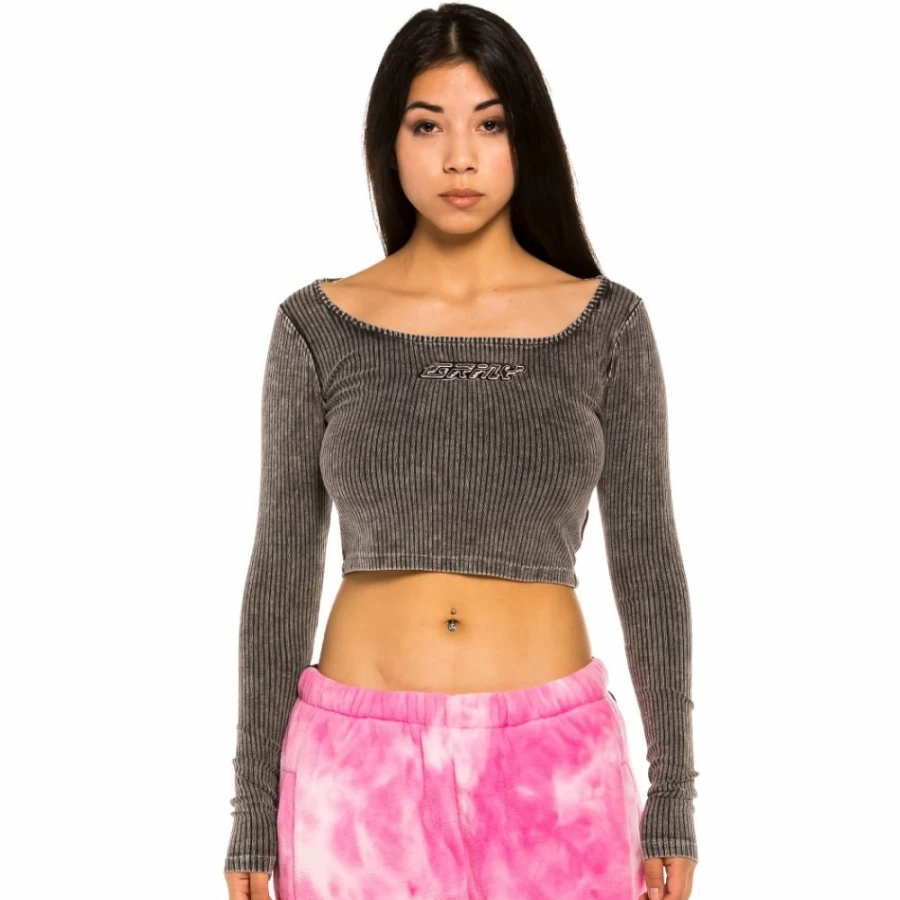 Grimey Space Lady Bleached Black Long Sleeve Crop Top - Winter 2021 Fashion